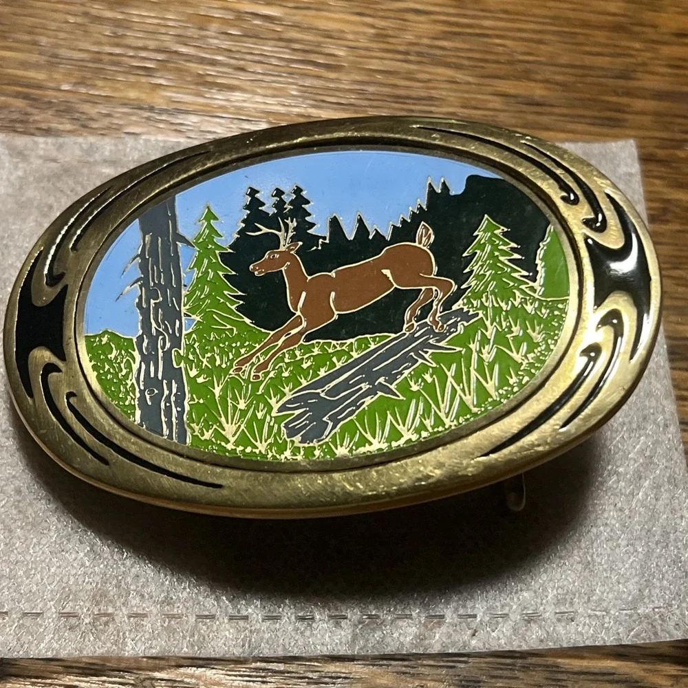 Vintage 1983 NAP Inc Solid Brass Belt Buckle–Enameled Leaping Deer Forest Scene